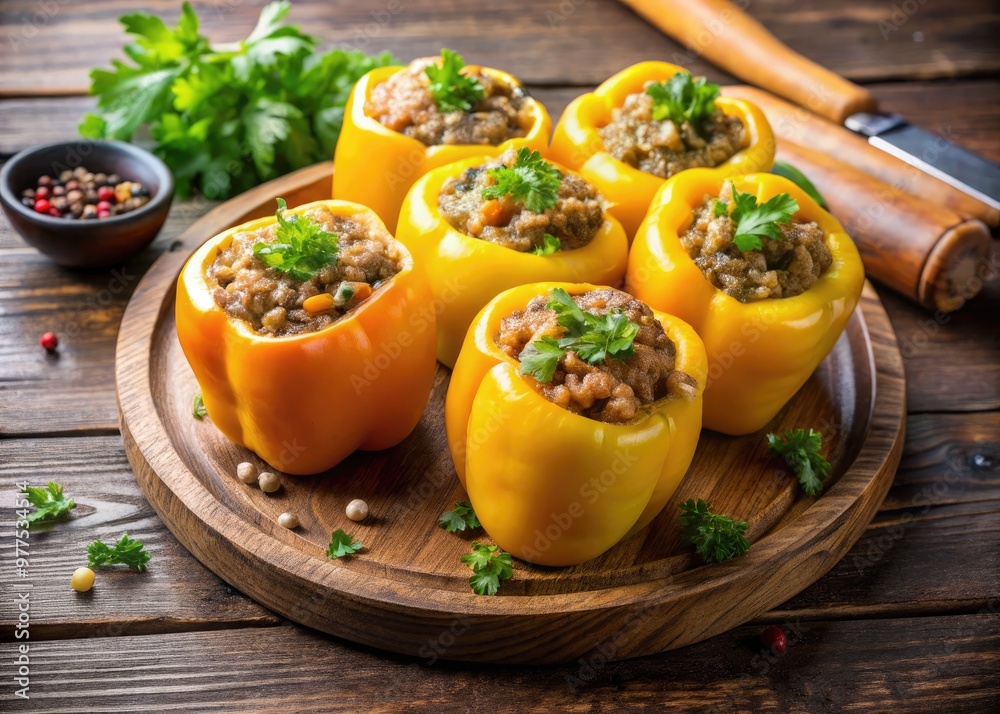 Vibrant yellow peppers stuffed with flavorful mixture of ground beef, onions, and spices, garnished with fresh parsley, against a rustic wooden background. Vibrant yellow peppers stuffed with flavorful mixture of ground beef, onions, and spices, garnished with fresh parsley, against a rustic wooden background.
