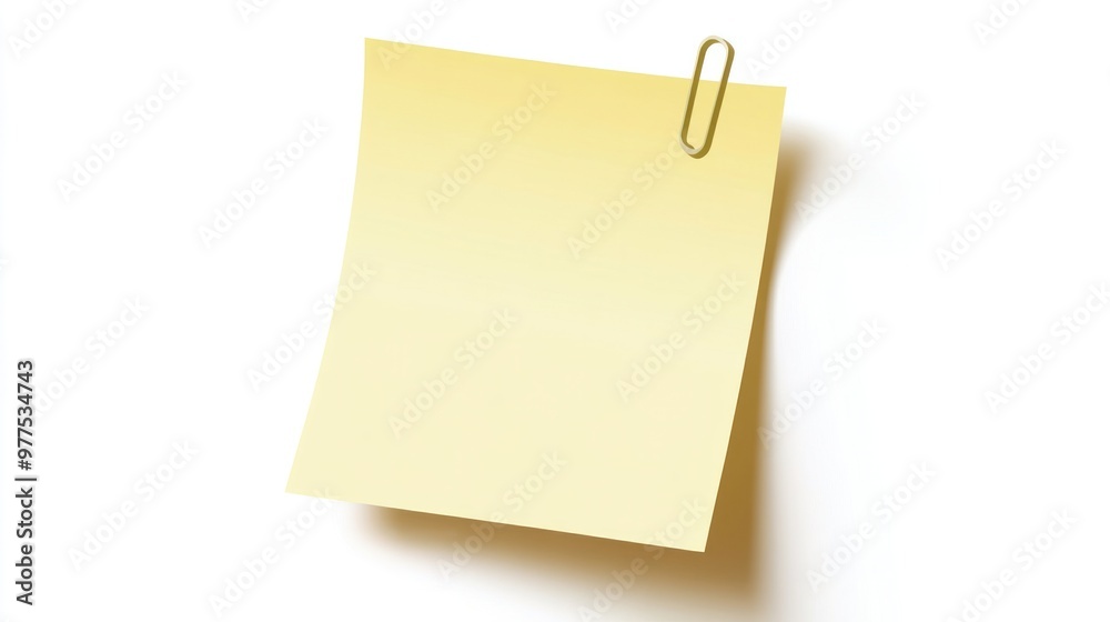 A blank yellow sticky note floating on a white background with a simple vector illustration of a paperclip in the corner. A blank yellow sticky note floating on a white background with a simple vector illustration of a paperclip in the corner.