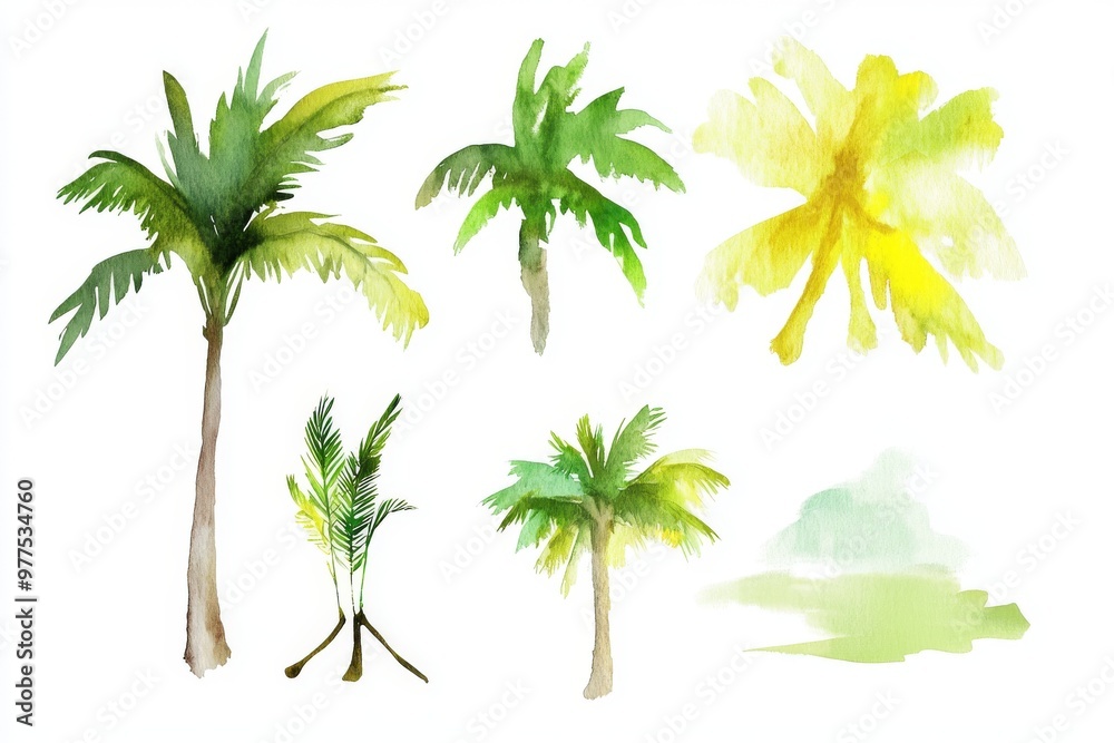 Obraz premium Paintings of watercolor tropical trees, paintings of watercolor palm trees, palm trees, AI