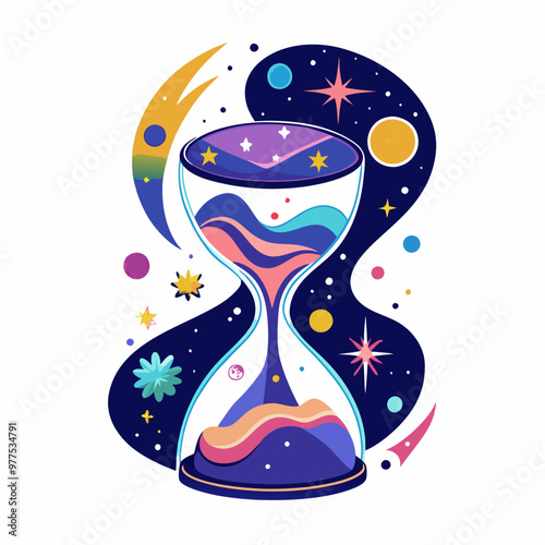 an hourglass with stars and galaxies
