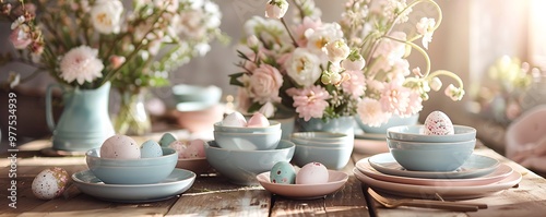 An elegant Easter dining setup with a rustic wooden table pastel-colored dishes and a centerpiece of spring flowers and decorated eggs bathed in soft natural light