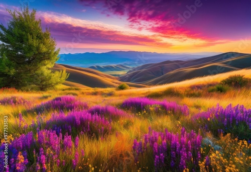 vibrant outdoor landscape under soft diffused sunlight showcasing lush greenery colorful flora, nature, trees, flowers, sky, clouds, field, meadow, scenery photo