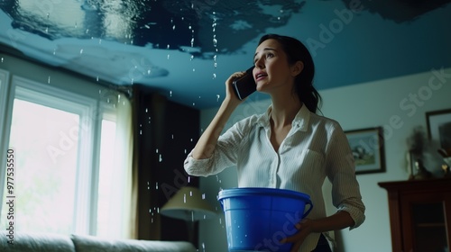 Wallpaper Mural Woman Holding Bucket Under Leaky Roof While Talking on Phone in a Modern Home Interior Torontodigital.ca