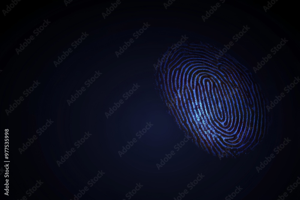 Biometric image of digital finger print scan in blue glowing lights for forensic data and personal identification on black background Biometric image of digital finger print scan in blue glowing lights for forensic data and personal identification on black background