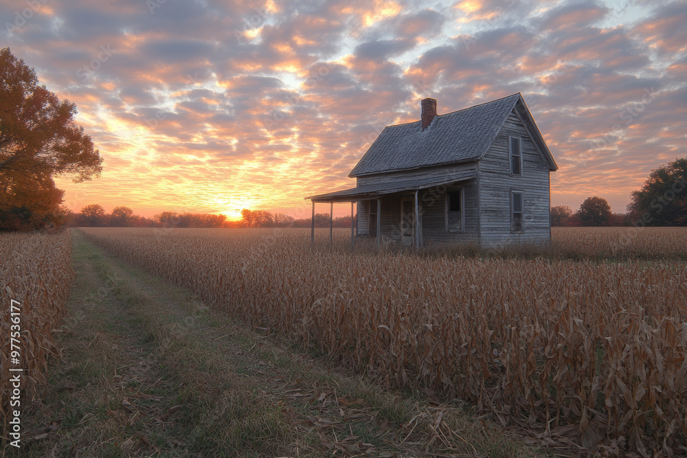 A weathered farmhouse stands alone in a field of dried corn stalks at sunset. A weathered farmhouse stands alone in a field of dried corn stalks at sunset.