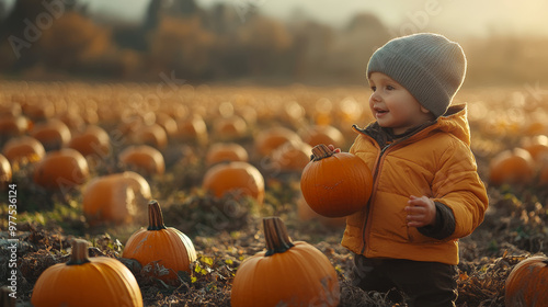 A young boy in a pumpkin patch, holding a pumpkin and smiling.