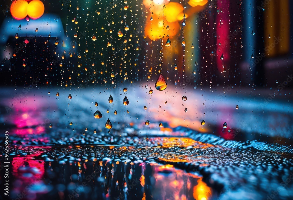 Obraz premium vibrant raindrops dancing shiny surfaces capturing light colorful display beauty, reflection, shine, water, droplet, nature, bounce, pattern, texture, glossy