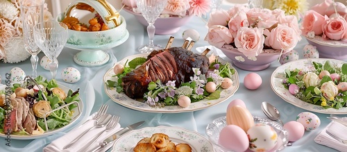An elegant Easter dining table adorned with fine china crystal glassware and an assortment of spring dishes including roasted lamb and fresh salad surrounded by pastel decorations