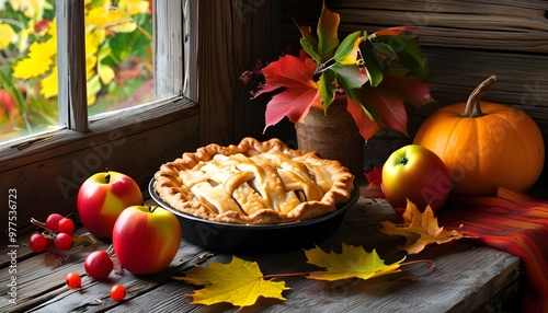 Warm autumn still life featuring freshly baked apple pie, colorful fall leaves, and fresh fruits on a rustic wooden table by the window photo