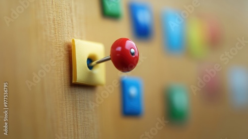 A colorful push pin securing a blank note to a wooden bulletin board, with surrounding notes blurred in the background. photo