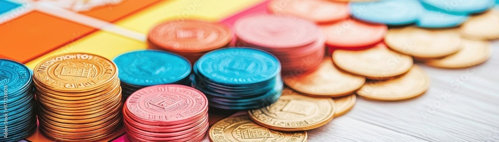 Capture a high-angle view of a vibrant Monopoly board, showcasing the colorful game pieces and money stacks in a dynamic layout Capture a high-angle view of a vibrant Monopoly board, showcasing the colorful game pieces and money stacks in a dynamic layout