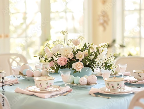 An elegant Easter table setting with soft pastel-colored linens fine china and a centerpiece of spring flowers and decorated eggs set against a bright sunlit room