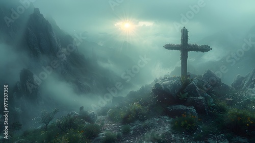 Illustrate the cross on a misty mountain morning. AI generated