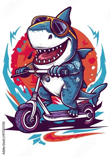 Cartoon shark riding a scooter on a wave with a confident smile. The vibrant colors and playful design convey a fun and adventurous vibe.