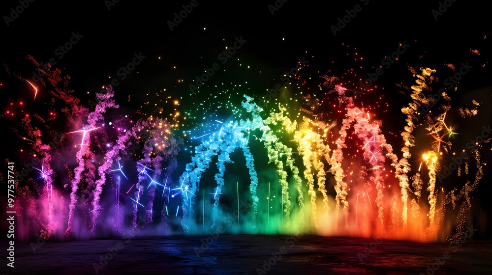 Naklejka premium Rainbow Fireworks: Colorful rainbow-shaped fireworks, symbolizing diversity and inclusivity. 