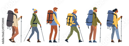 Hikers trekking outdoors diverse group with backpacks walking sticks colorful attire isolated on white background