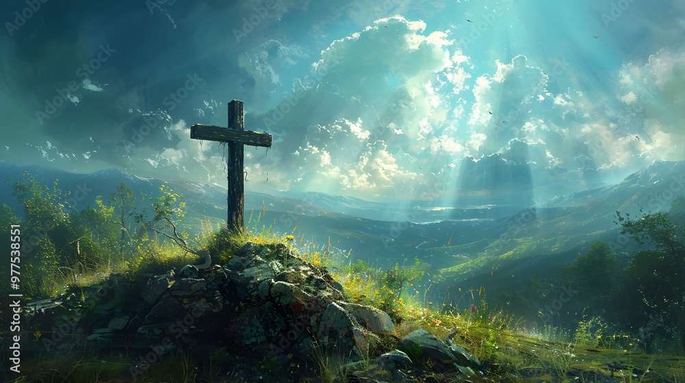 Naklejka premium Paint the cross at the peak of a mountain. AI generated