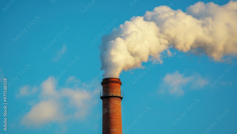 A smokestack emitting white and gray clouds against the blue sky, representing air pollution Generative AI A smokestack emitting white and gray clouds against the blue sky, representing air pollution Generative AI