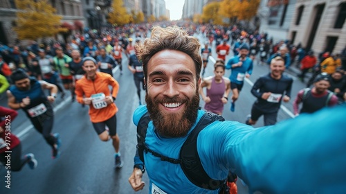 scene of a man capturing a selfie during a marathon run emphasizing the dynamic action, personal achievement, and excitement of the fitness competition