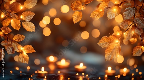 Golden Leaves and Warm Candlelight Bokeh Background