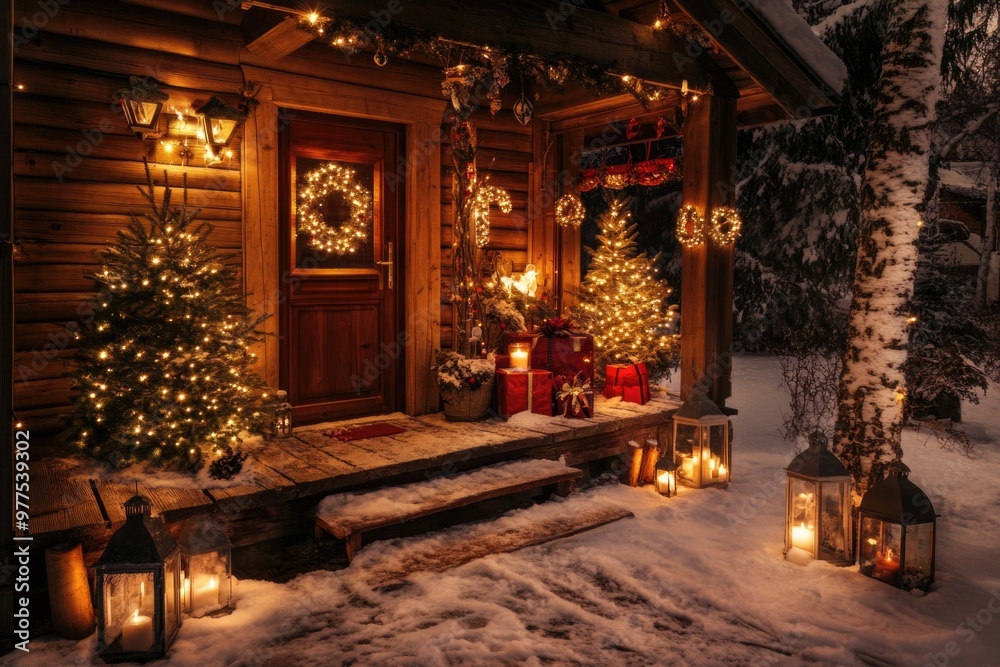 Porch of a house decorated for Christmas holidays with little trees and lanterns Porch of a house decorated for Christmas holidays with little trees and lanterns