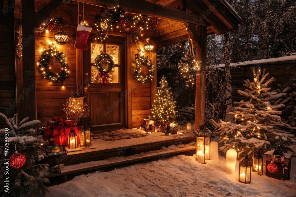 Porch of a house decorated for Christmas holidays with little trees and lanterns Porch of a house decorated for Christmas holidays with little trees and lanterns