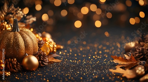 Golden Pumpkin & Autumn Decor on Black Glitter Background