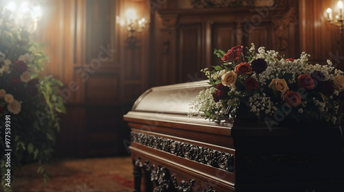 Wooden casket with floral arrangement in elegant funeral home