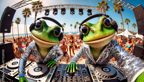 DJ frog at music concert, beach party 