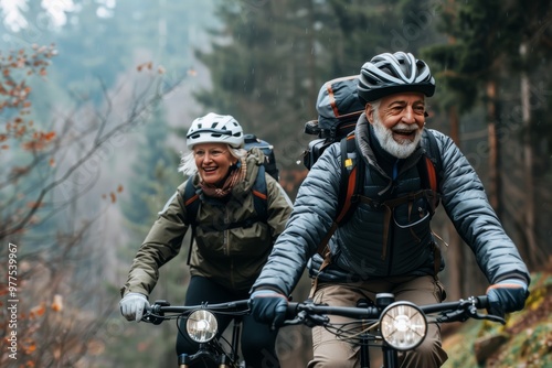 happy senior couple biking and exploring nature