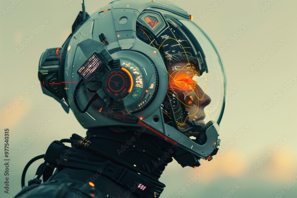 Fototapeta premium A woman in a futuristic space suit with a glowing face