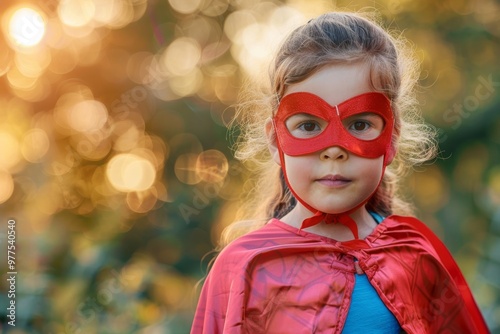 A young girl in a red costume with a mask on her face