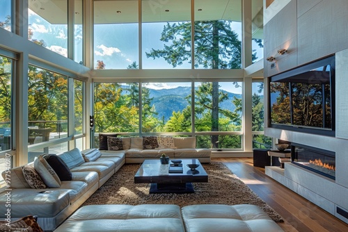 A large living room with a fireplace and a large window overlooking a mountain