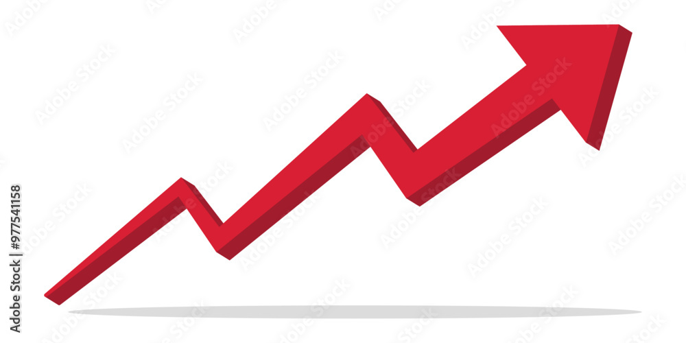 Growth arrow. Growing business 3d arrow. Red 3d grow arrow up symbol direction isolated on white background. Red arrow pointing up grow business financial profit graph. Vector illustration. EPS 10 Growth arrow. Growing business 3d arrow. Red 3d grow arrow up symbol direction isolated on white background. Red arrow pointing up grow business financial profit graph. Vector illustration. EPS 10