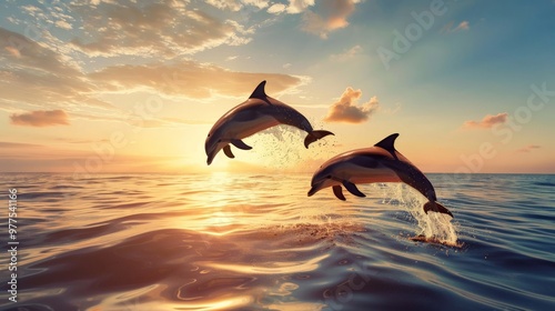 Dolphins leaping out of the ocean at sunrise