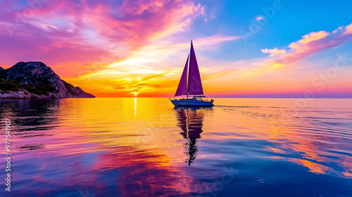 Sailboat Sunset on Calm Ocean Waters