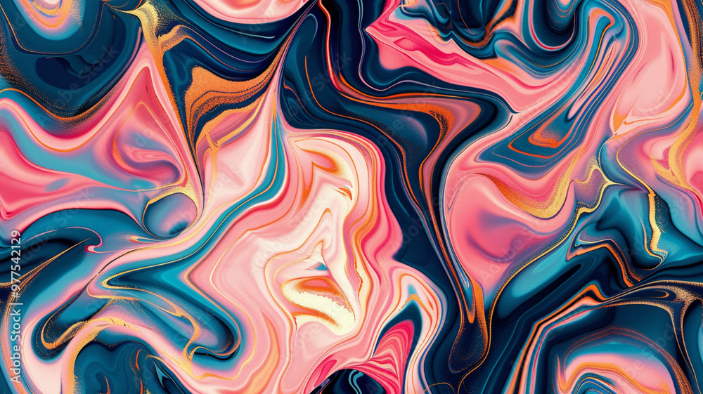 Abstract liquid marble pattern with swirling, flowing shapes in vibrant pink, blue, and gold, creating a dynamic and luxurious texture Abstract liquid marble pattern with swirling, flowing shapes in vibrant pink, blue, and gold, creating a dynamic and luxurious texture