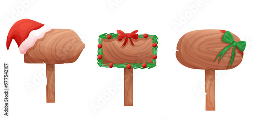 Set of vintage wooden singboard with Christmas decor. Vector illustration