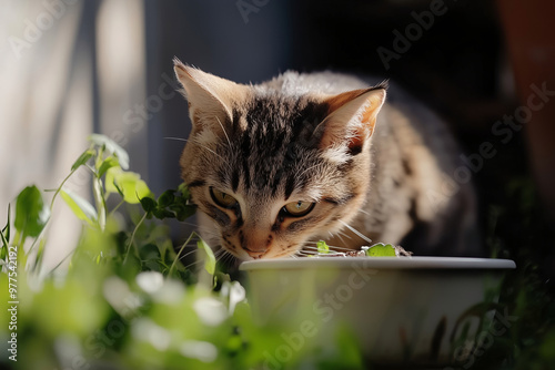 Cat eating grass. Veterinary, Pet and care of them, dietary nutrition to normalize the intestines.   photo