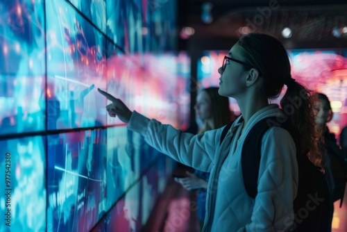 A woman pointing at a screen with a blue background