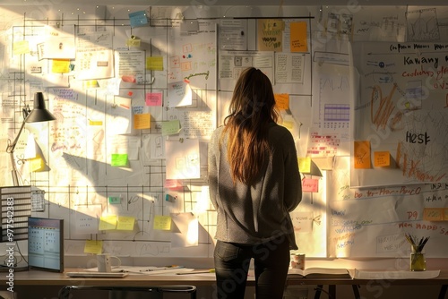 A woman stands in front of a whiteboard with a lot of notes and diagrams on it