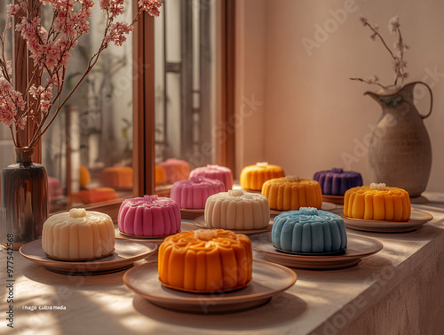 a collection of mooncakea, each adorned with a unique design, presented in a visually appealing arrangement on a wooden surface. photo