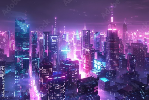 Wallpaper Mural A cityscape with neon lights and a purple sky Torontodigital.ca