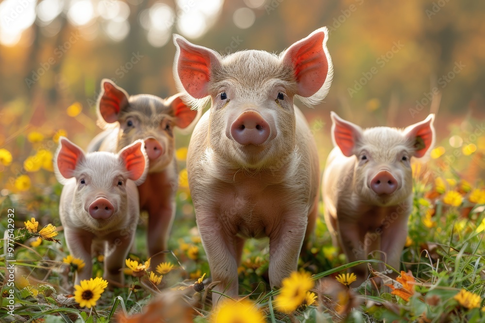 Domestic pig farm with thriving pigs and piglets in an environmentally friendly setting Domestic pig farm with thriving pigs and piglets in an environmentally friendly setting