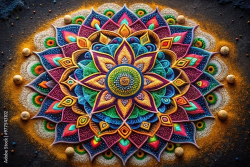 Vibrant and intricate sand mandala with colorful geometric patterns, showcasing artistic detail and cultural depth. photo