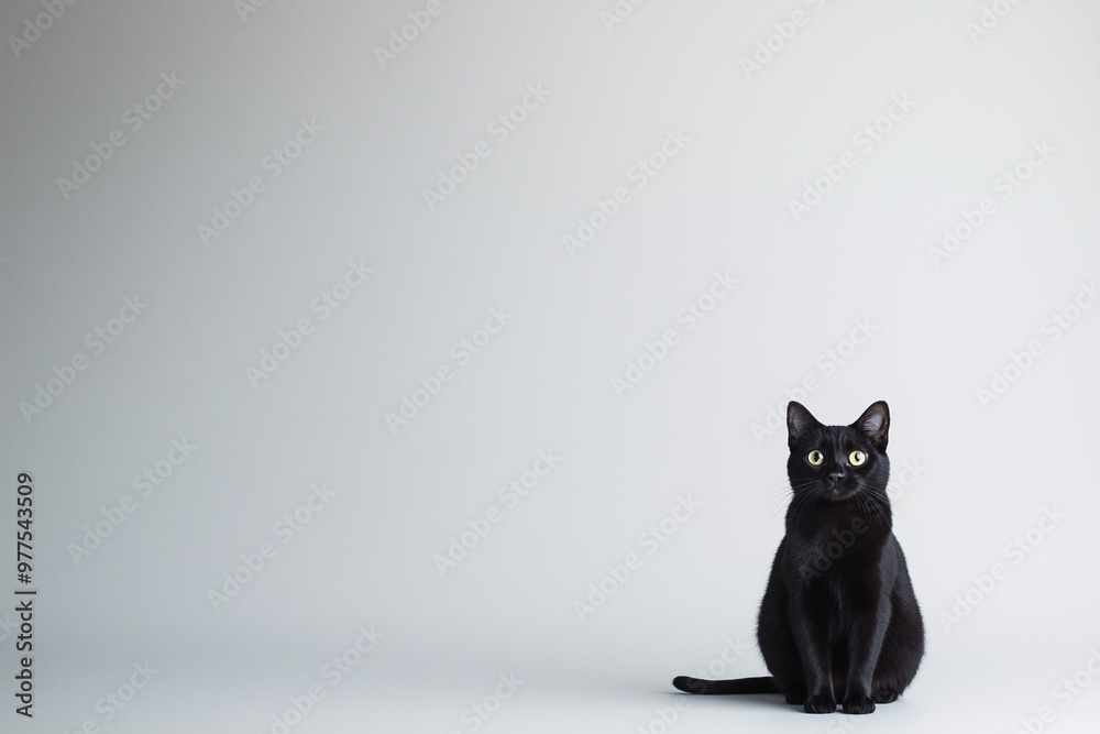 Full body Portrait of adorable black cat sitting alone surrounded by a ...