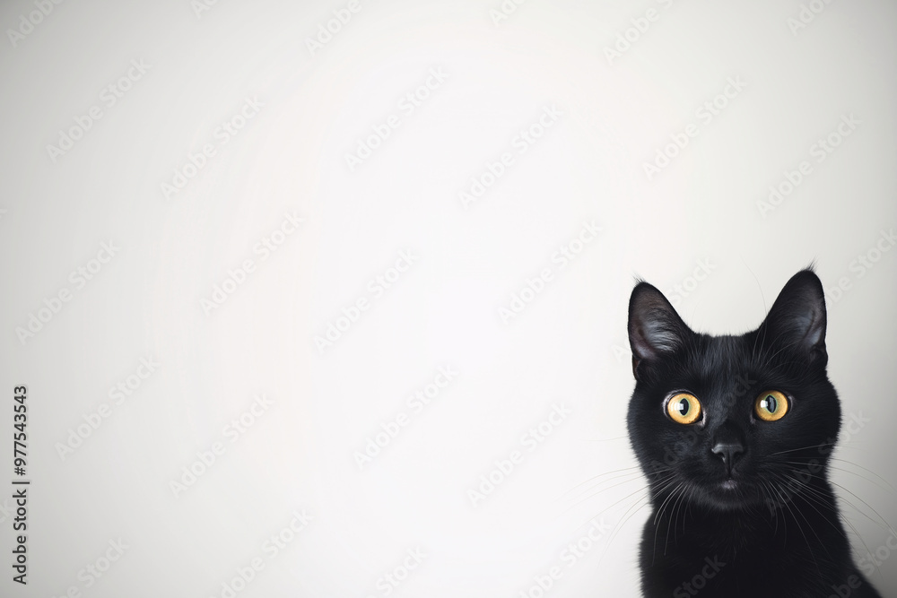 Close up Portrait of adorable black cat with yellow eyes sitting alone surrounded by a white background with copy space. Kitty isolated on neutral background in white studio against white wall. Close up Portrait of adorable black cat with yellow eyes sitting alone surrounded by a white background with copy space. Kitty isolated on neutral background in white studio against white wall.