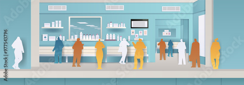 Pharmacy interior with people waiting in line paper cut style silhouettes shelves with medicines blue background