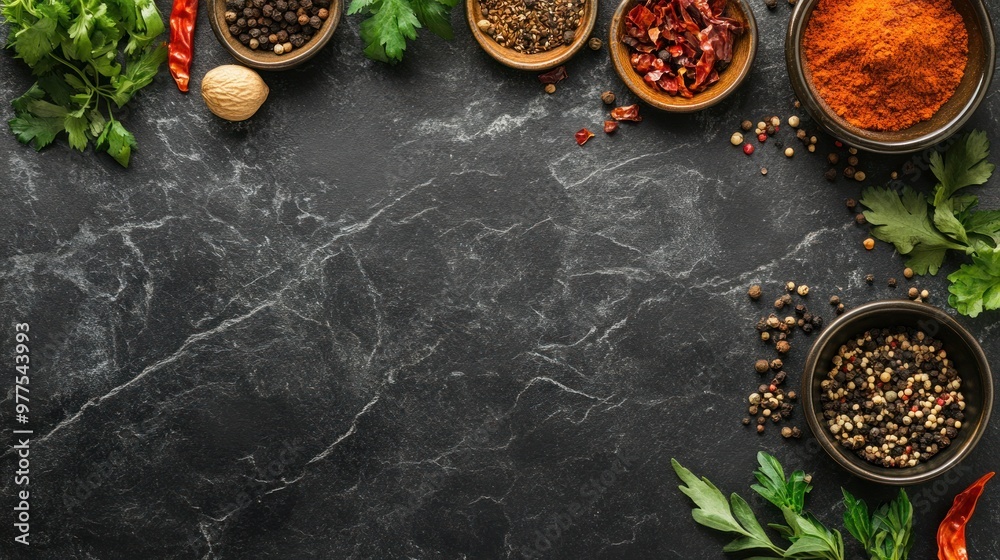 Copy space on a dark slate background, surrounded by assorted Asian spices and herbs. Ideal for showcasing natural, healthy ingredients. Copy space on a dark slate background, surrounded by assorted Asian spices and herbs. Ideal for showcasing natural, healthy ingredients.