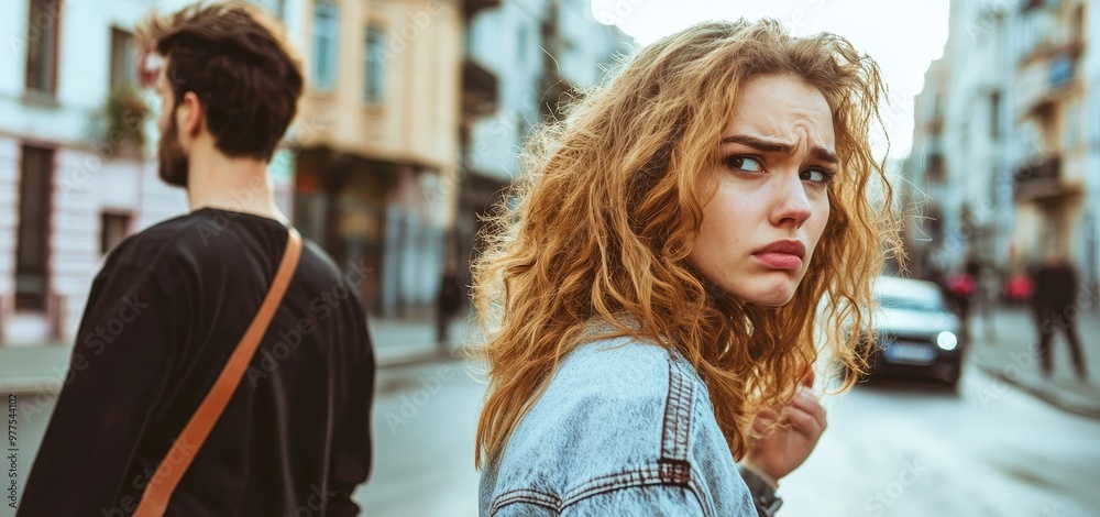 In a park, a boyfriend and an irritated girlfriend stroll alongside one another. Relationship problems. Selective attention.